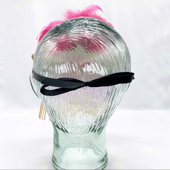 Masquerade Ball Mask Feather Bead Fringe Pink Gold - Picture 4 of 6